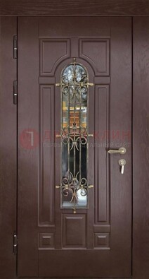 Темная железная дверь со стеклом и ковкой для частного дома ДСК-156